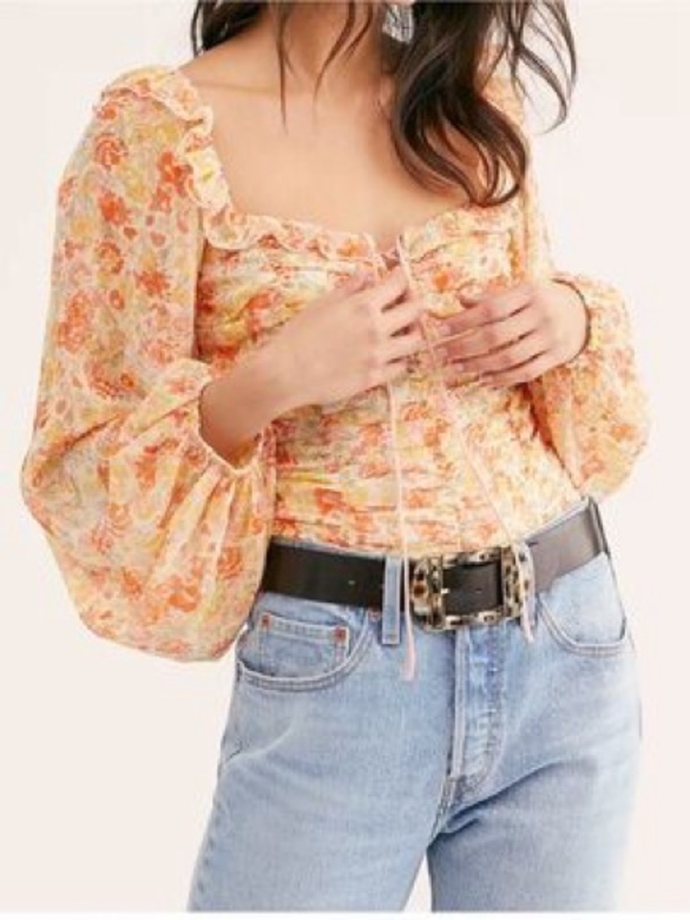 Free People Floral Ruched Ruffle Blouse Size Small - Picture 2 of 5